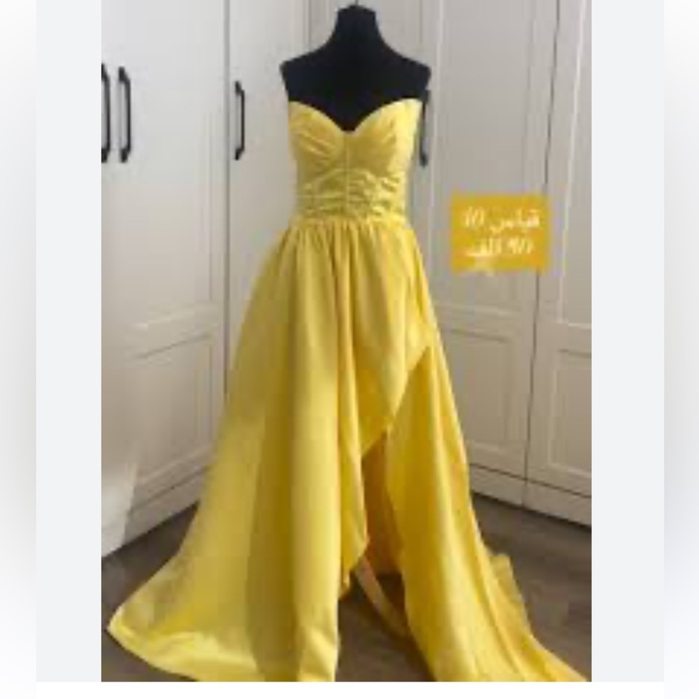 yellow strapless sweetheart corset satin prom dress with high-low ruffled skirt